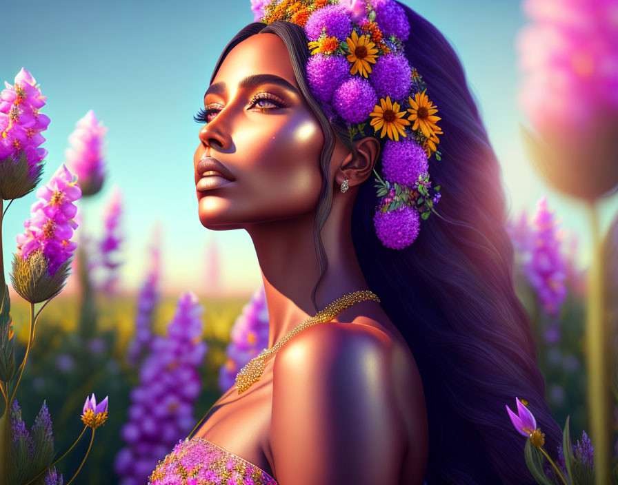 Digital artwork: Woman with purple and yellow flower hair in sunset flower field