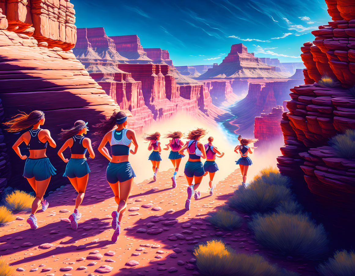 Female runners in athletic gear jogging through vibrant canyon landscape.