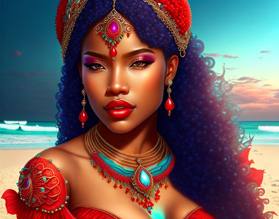Illustrated portrait of woman with curly hair and ornate jewelry on beach.