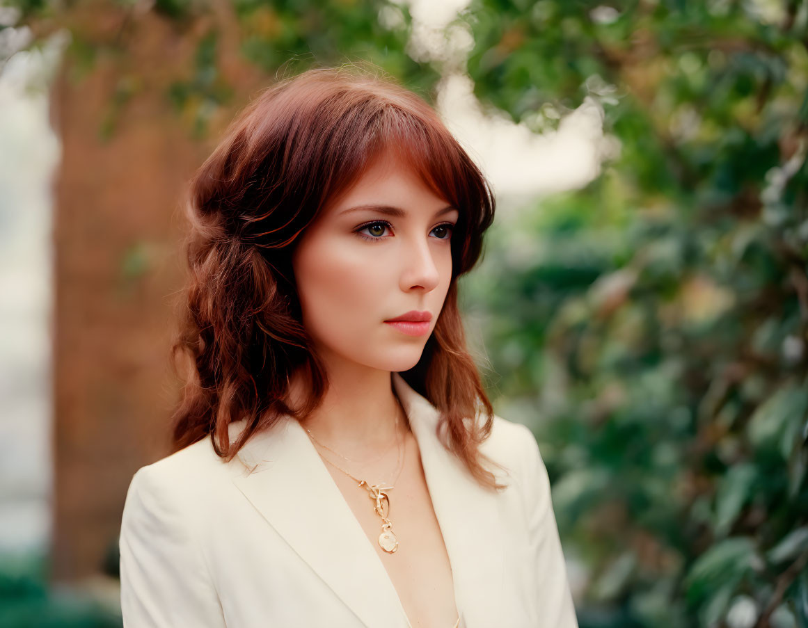 Brown-haired woman in cream blazer gazes pensively against green backdrop