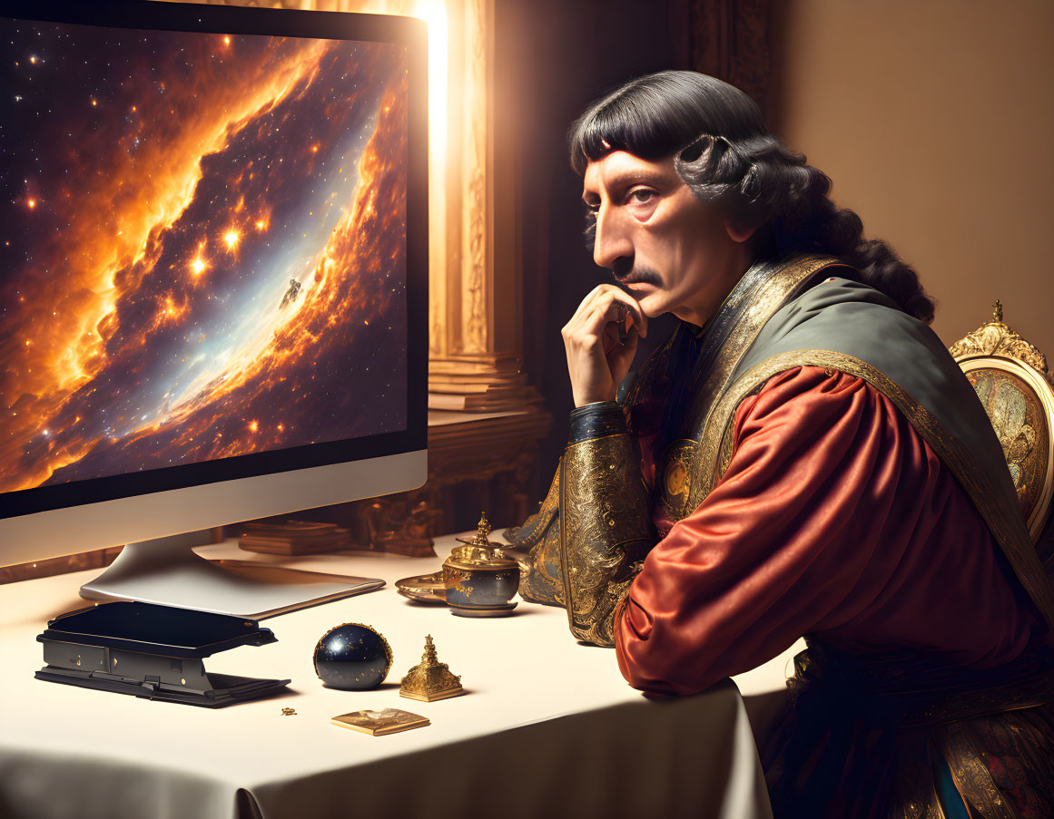 Historical figure gazes at space scene on computer in ornate room