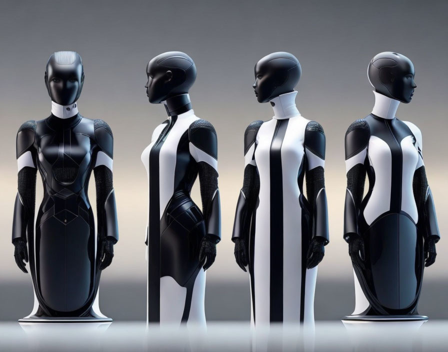 Four sleek futuristic humanoid robots in varying shapes and black-and-white color patterns.