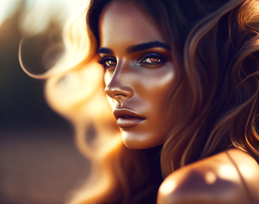 Close-Up Portrait: Striking Makeup and Flowing Hair in Warm Light