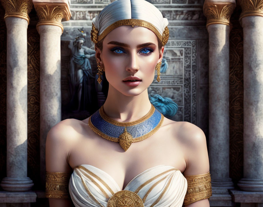 3D rendering of woman with blue eyes in white and gold outfit amid classical architecture