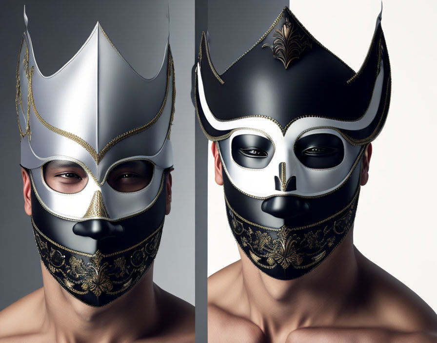 Split-image photo of person in silver and black half-face masquerade masks with gold designs