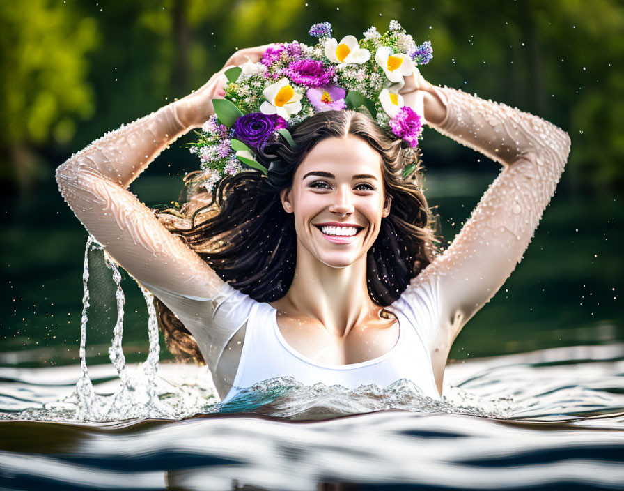 Woman with floral crown splashing water in sunlit lake