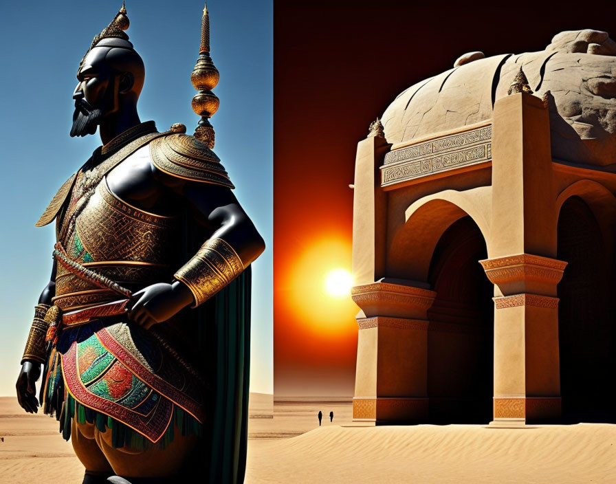 Split Image: Armored Warrior 3D Illustration & Desert Sunset with Ancient Architecture
