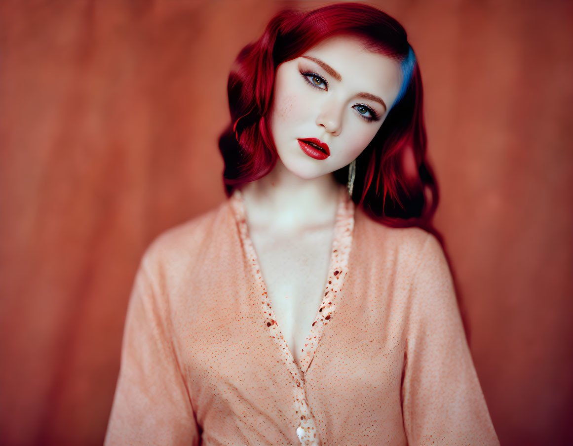 Vibrant red-haired woman in sheer peach top on warm red background