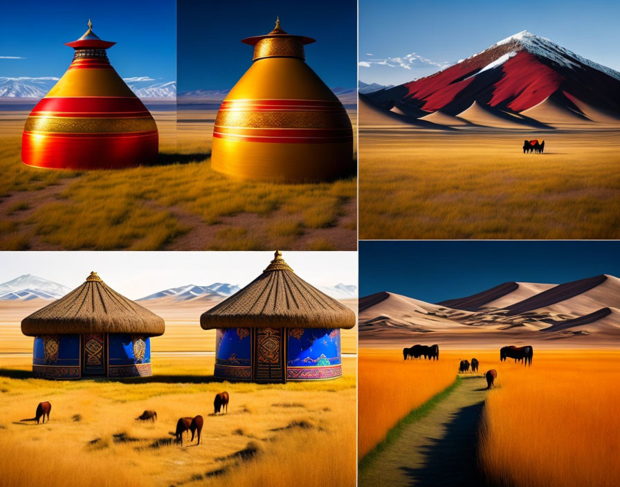 Collage of traditional yurts, landscapes, mountain, and horses