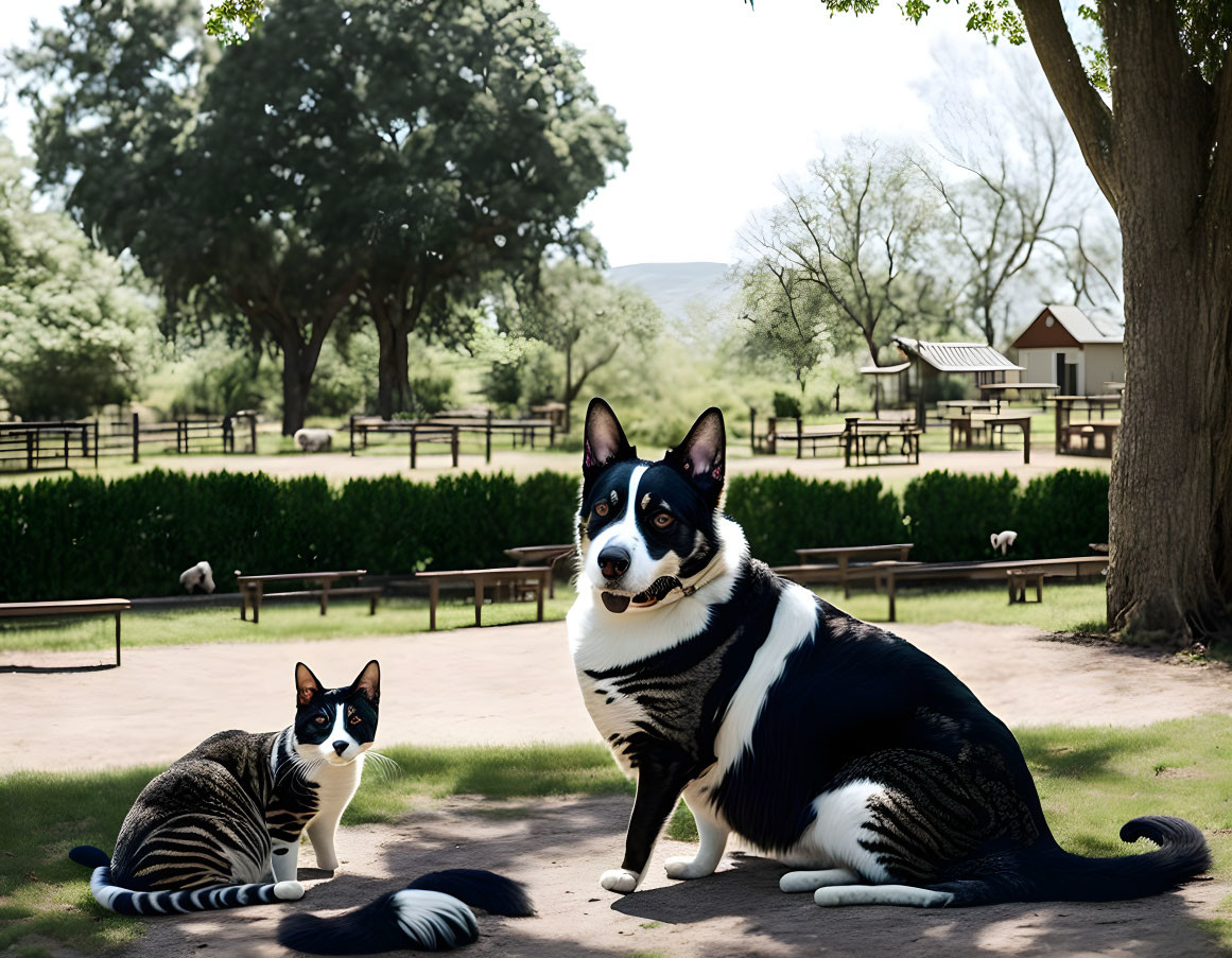 Cat and dog with black and white markings in park setting with trees and benches.