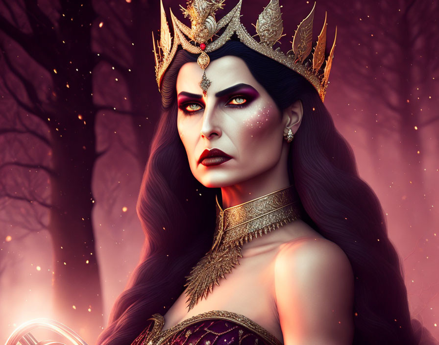 Queen in Crown with Dramatic Makeup and Ornate Dress in Mystical Forest