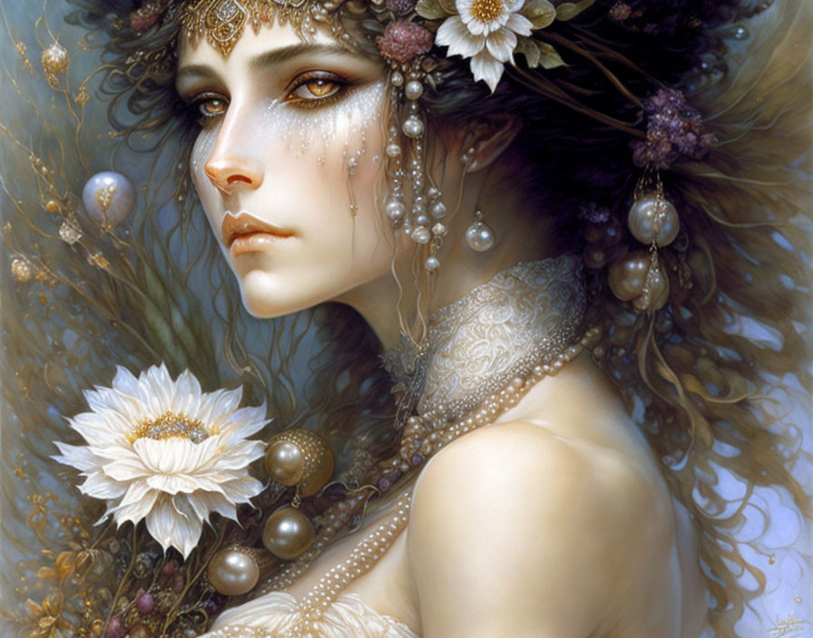 Portrait of woman with ornate floral headdress, pearl accents, tattoos, and contemplative expression