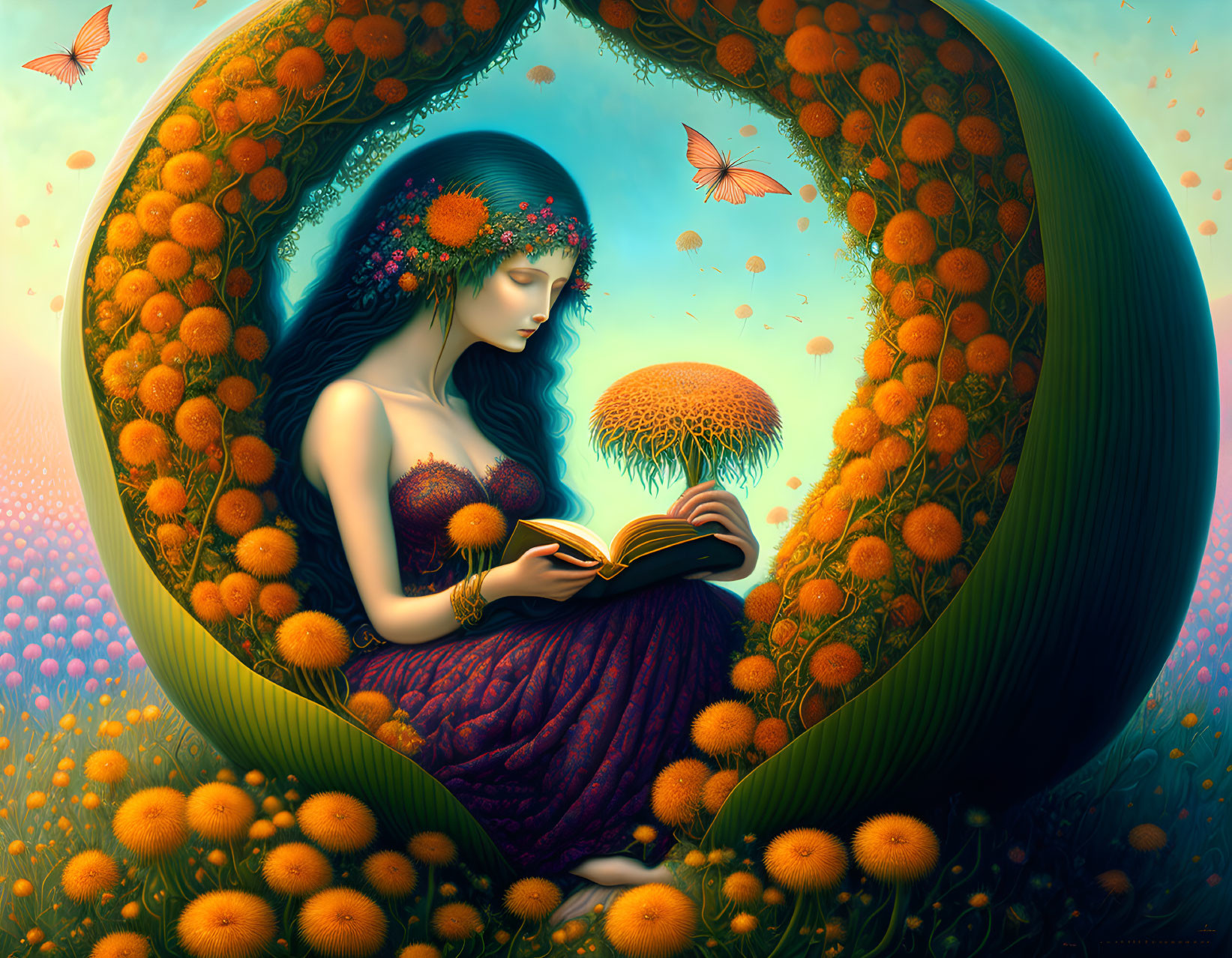 Woman with floral crown reading book in crescent moon surrounded by butterflies and blossoms