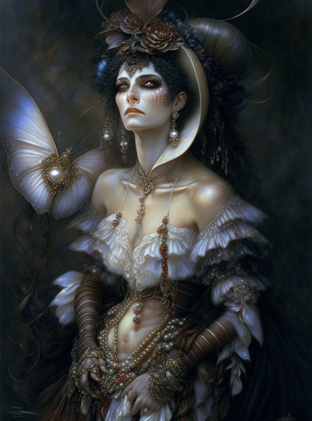 Victorian-themed painting of woman with pale skin, dark hair, pearls, feathers, and butterfly.