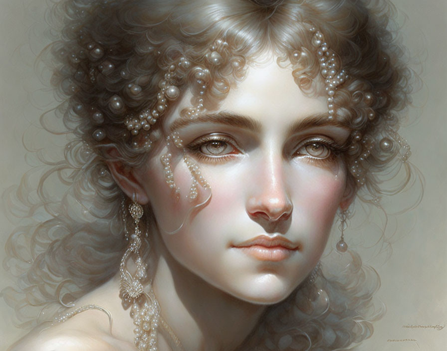 Digital painting: Young woman with curly hair and pearls, displaying a melancholic expression.