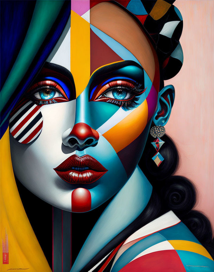 Vivid geometric surrealist portrait of a woman with colorful makeup