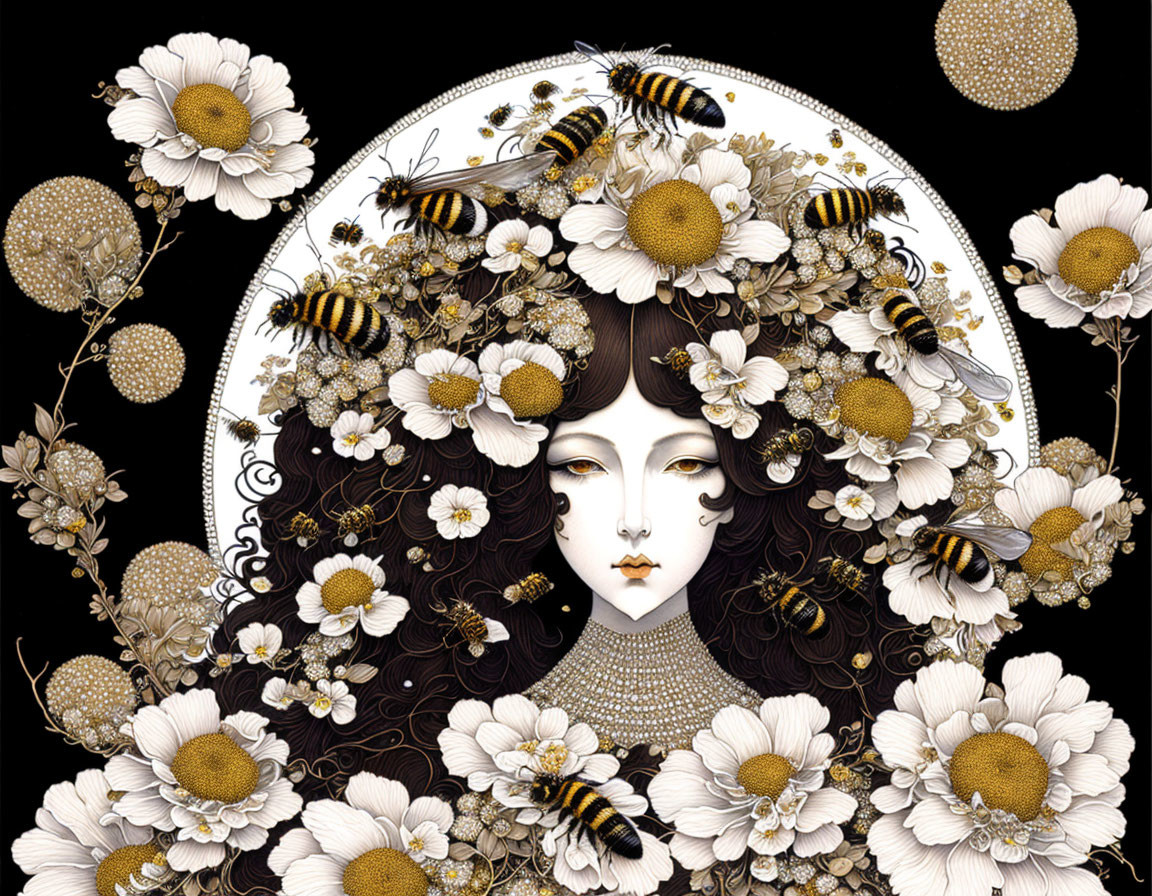 Stylized image of woman with pale skin, bees, and white flowers on dark background