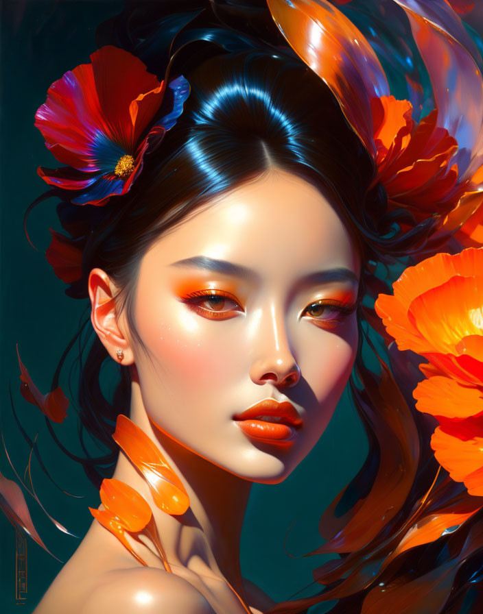 Digital portrait of woman with orange makeup and poppies in hair against warm autumnal background