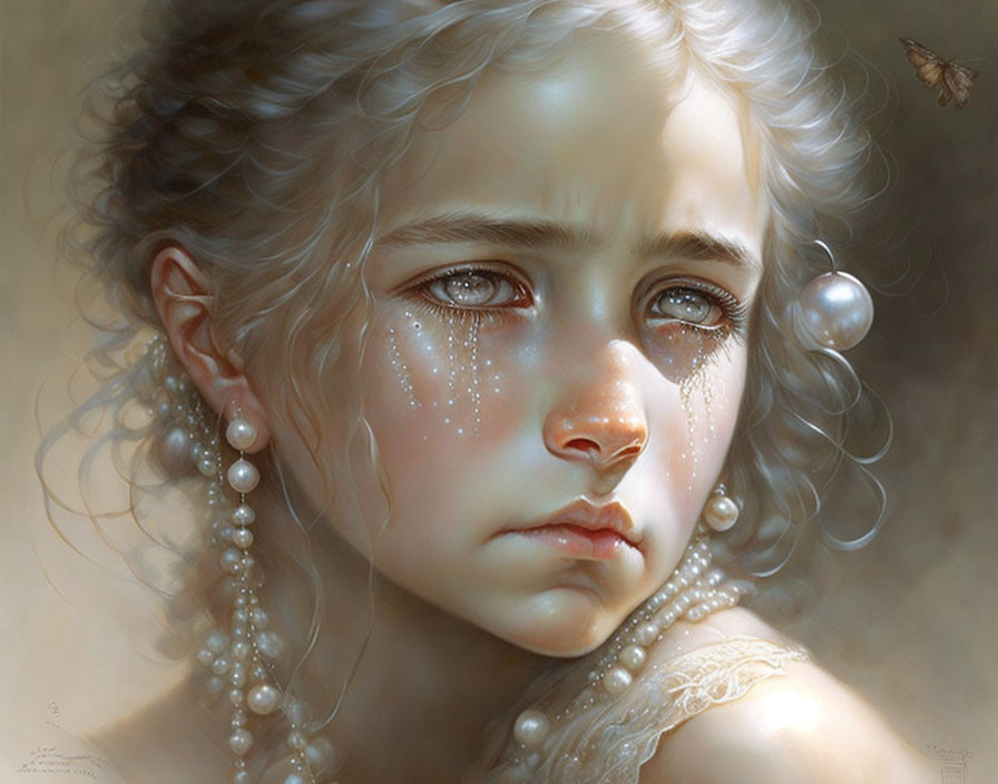 Portrait of a young girl with teary eyes, pearl earrings, glitter, and a butterfly.