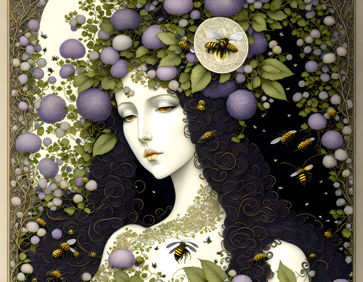 Illustrated woman with dark hair, purple flowers, bees, and gold details in Art Nouveau style