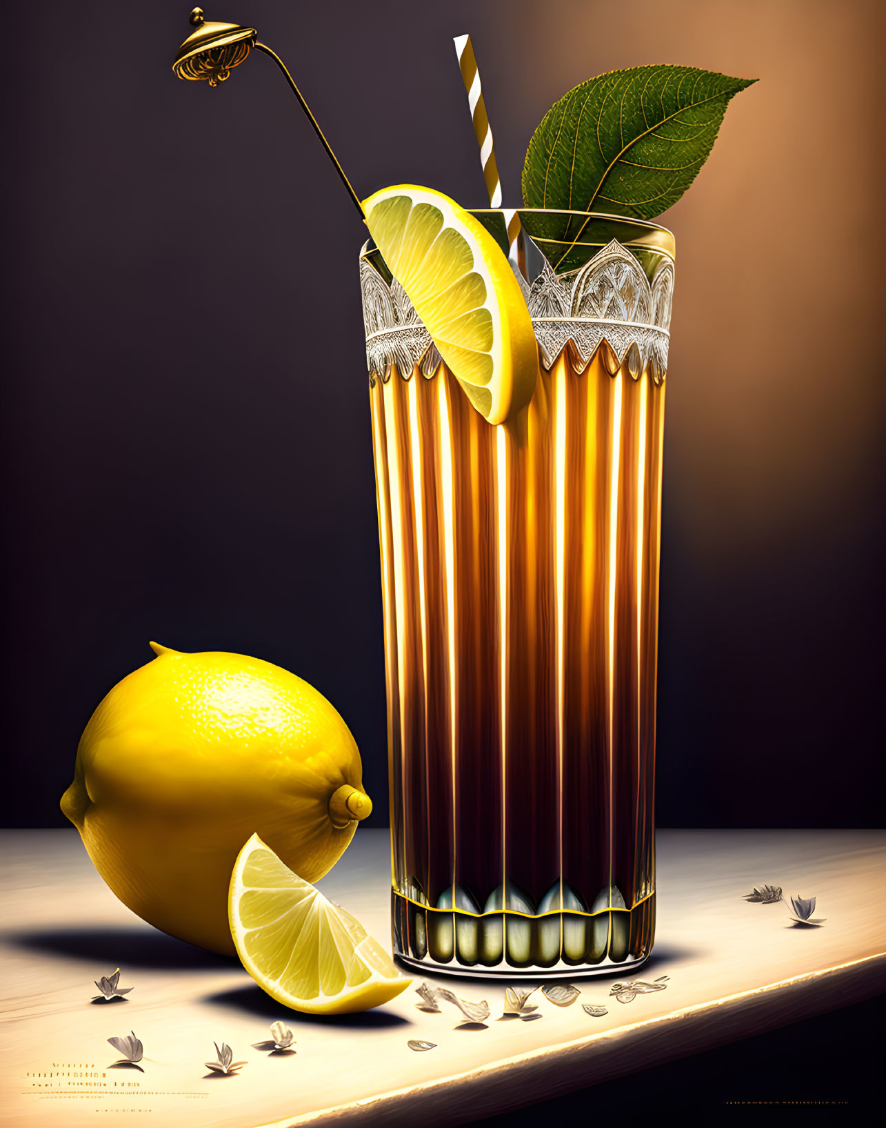 Photorealistic digital image of iced tea with lemon slice, straw, whole lemon, wedge,