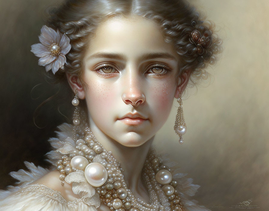 Portrait of Young Woman with Pearl Jewelry and Feathered Garment