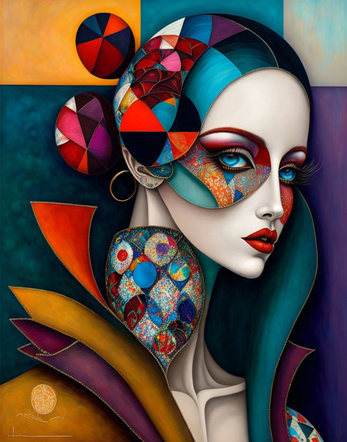 Vibrant portrait of a woman with geometric patterns and mosaic accessories
