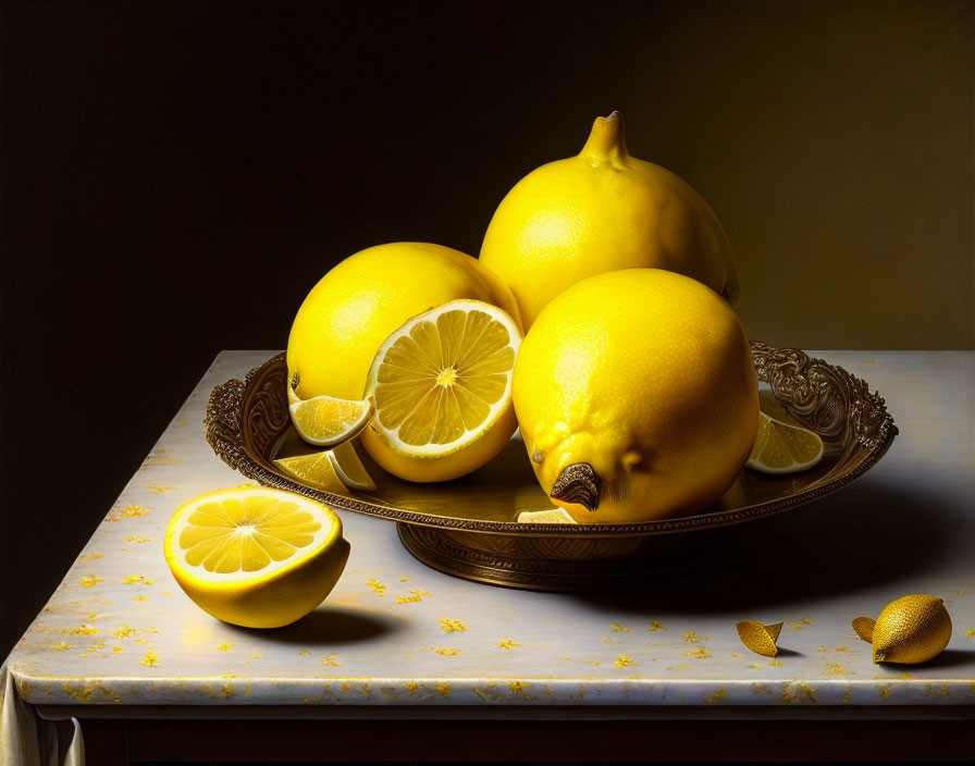 Ripe lemons on ornate plate with zest particles - still life photo
