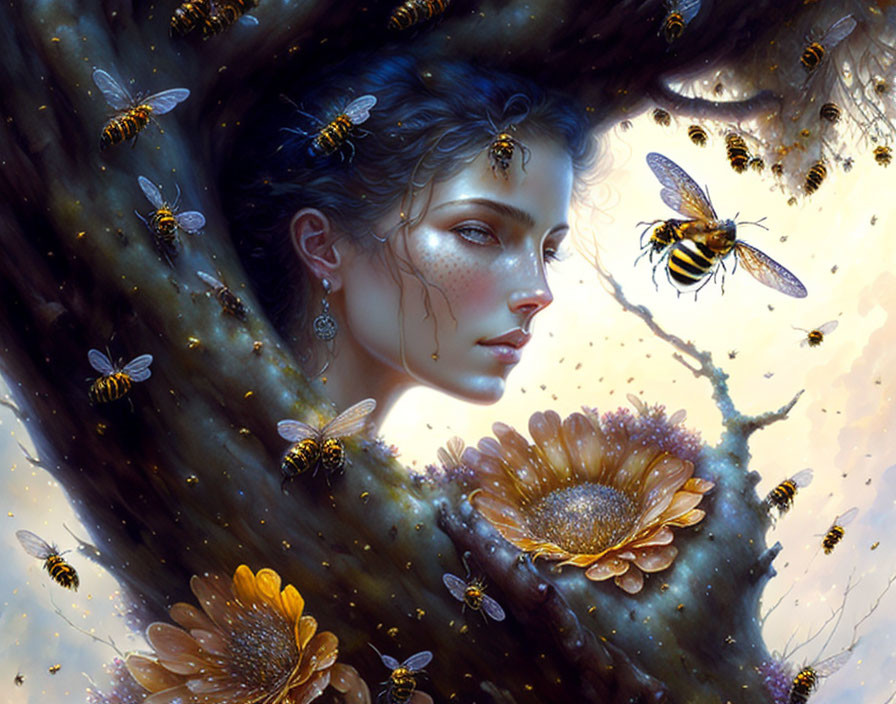 Mystical artwork of woman merging with tree, bees, and blooming flowers