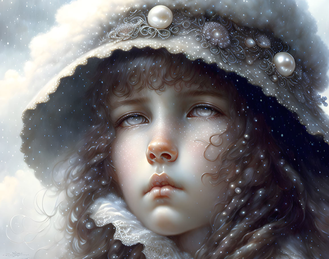 Young child with curly hair in fur hat, gazing sideways with water droplets.