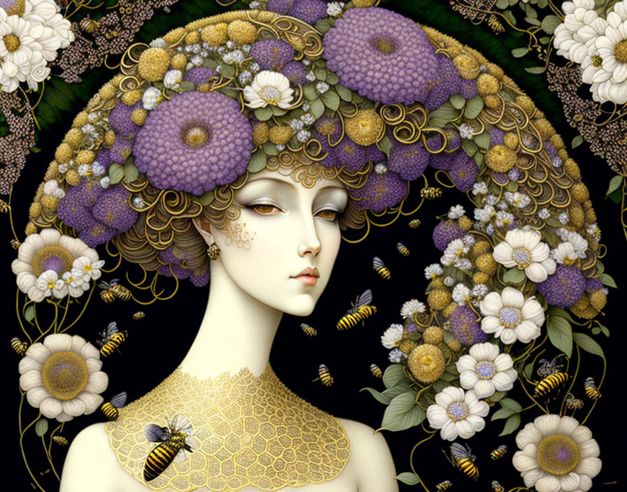 Detailed illustration of woman with floral headdress and bees on black background