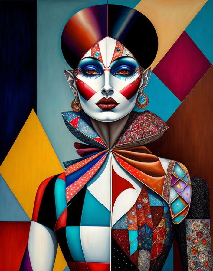 Colorful Geometric Portrait with Symmetrical Face Paint & Cubist Style