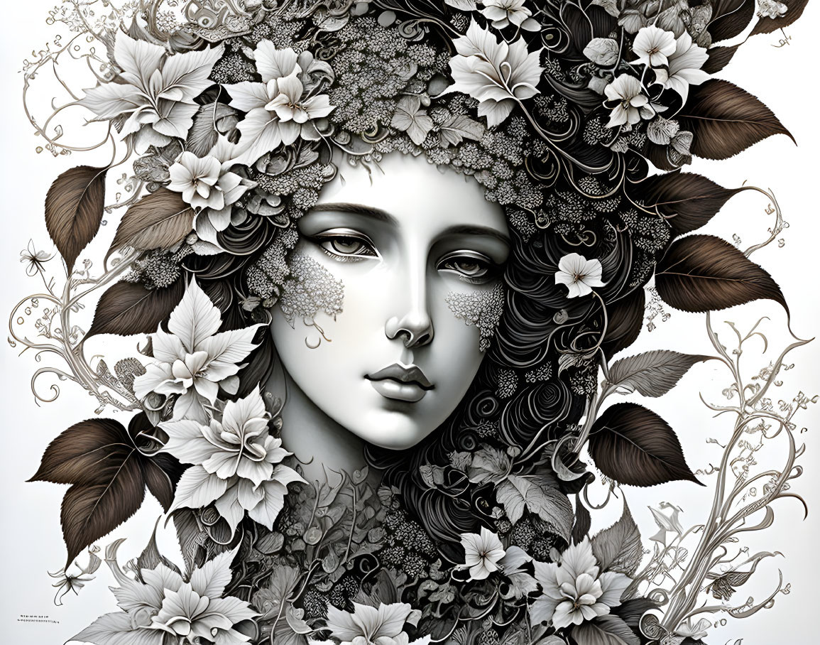 Monochromatic artwork: Woman's face with intricate floral patterns