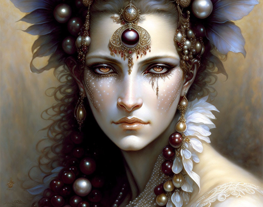 Fantasy portrait of a woman with ornate jewelry and mystical facial markings
