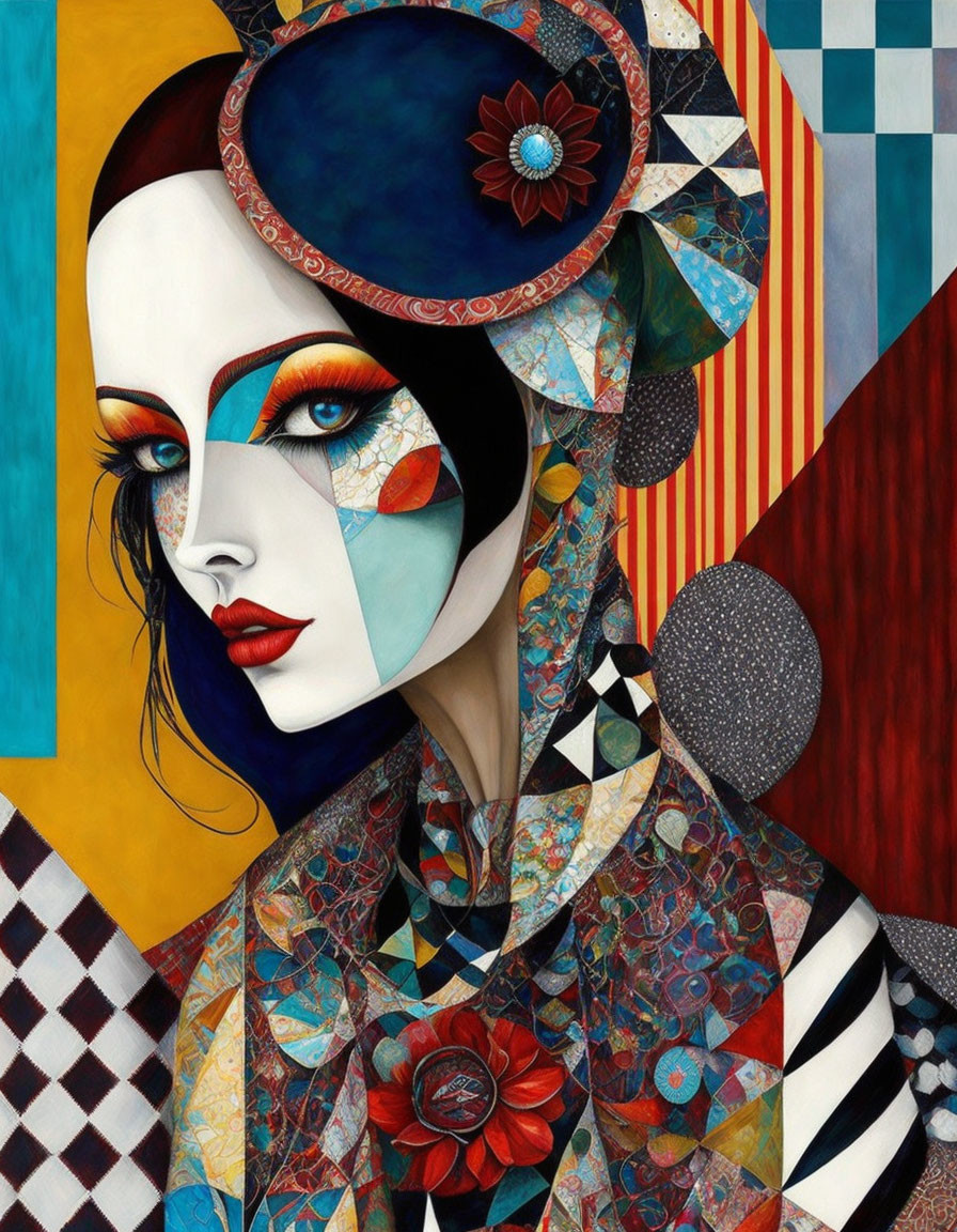 Colorful Stylized Portrait of Woman with Geometric Patterns and Vibrant Makeup