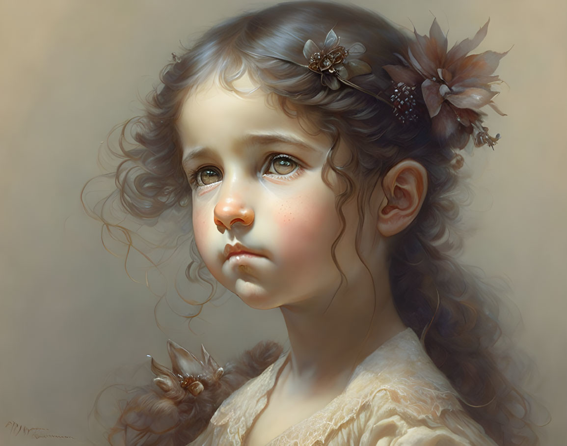 Detailed Digital Painting of Young Girl with Curly Hair and Flower Adornments