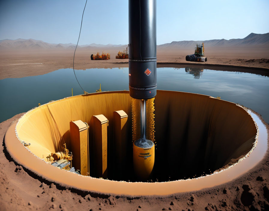 Massive drilling rig creating deep hole in desert landscape