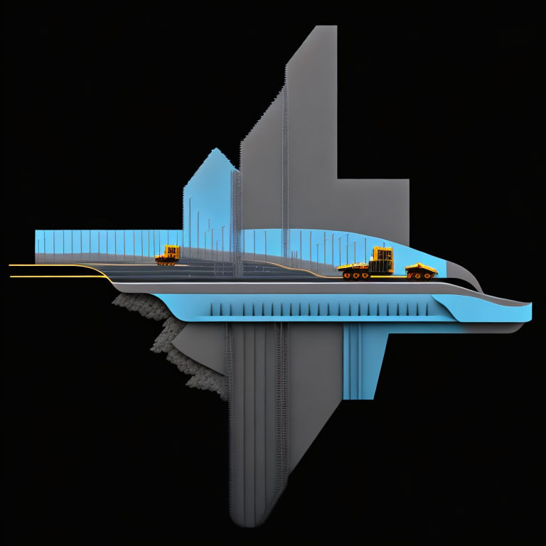 Modern bridge cross-section with vehicles and high-speed train on black background