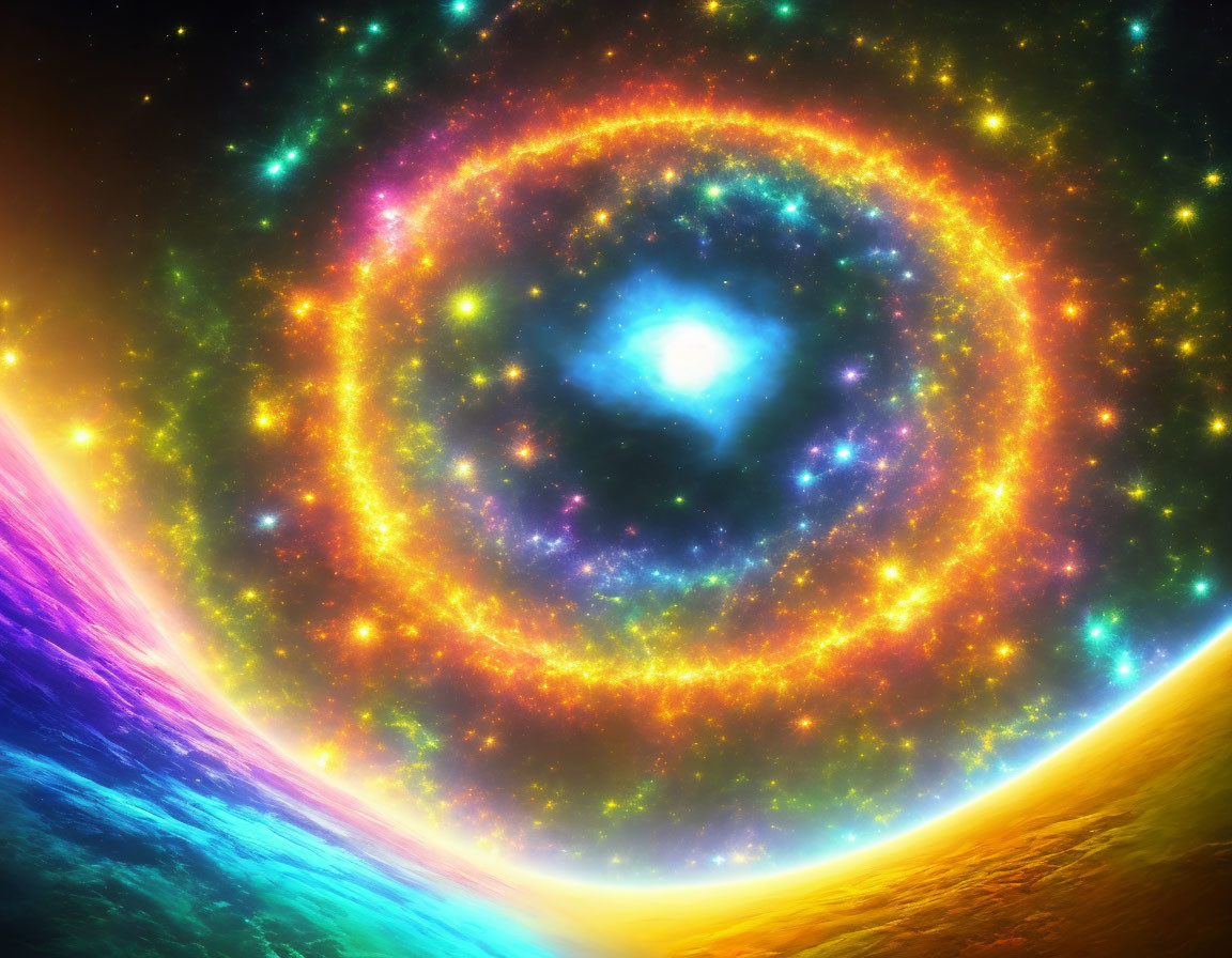 Colorful Spiral Galaxy Over Planet Horizon in Vibrant Cosmic Scene