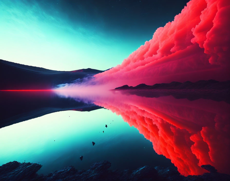 Vibrant red and blue sky reflected on tranquil water in surreal landscape
