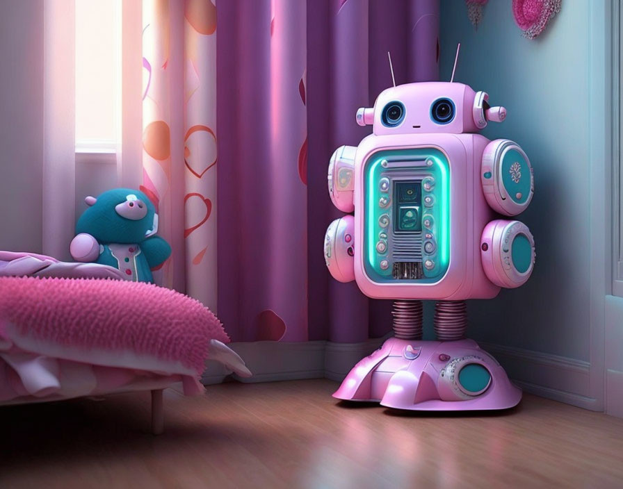 Pink robot and plush bear in child's room with heart-patterned curtains