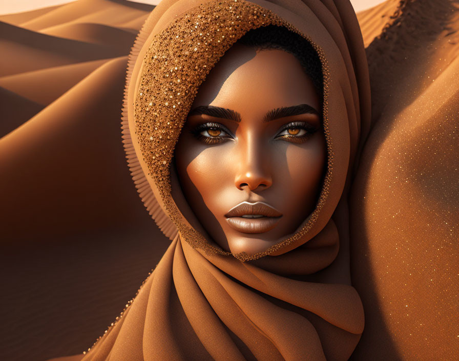 Digital art portrait of a woman with amber eyes in brown hijab against desert backdrop