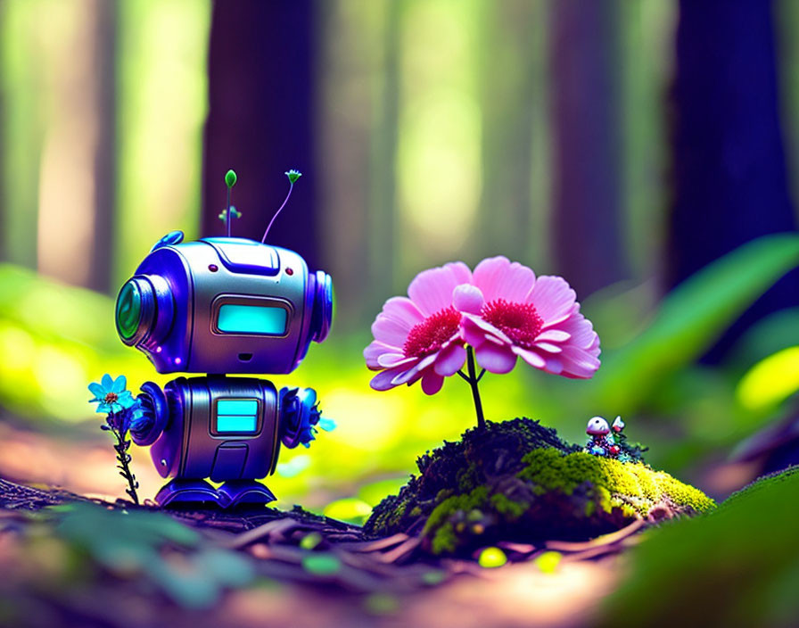 Whimsical blue robot with sprouts next to pink flower in vibrant forest