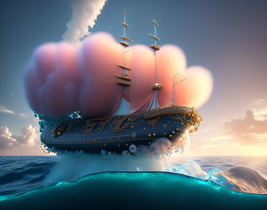 Fantastical ship with pink cloud sails on serene ocean at sunset