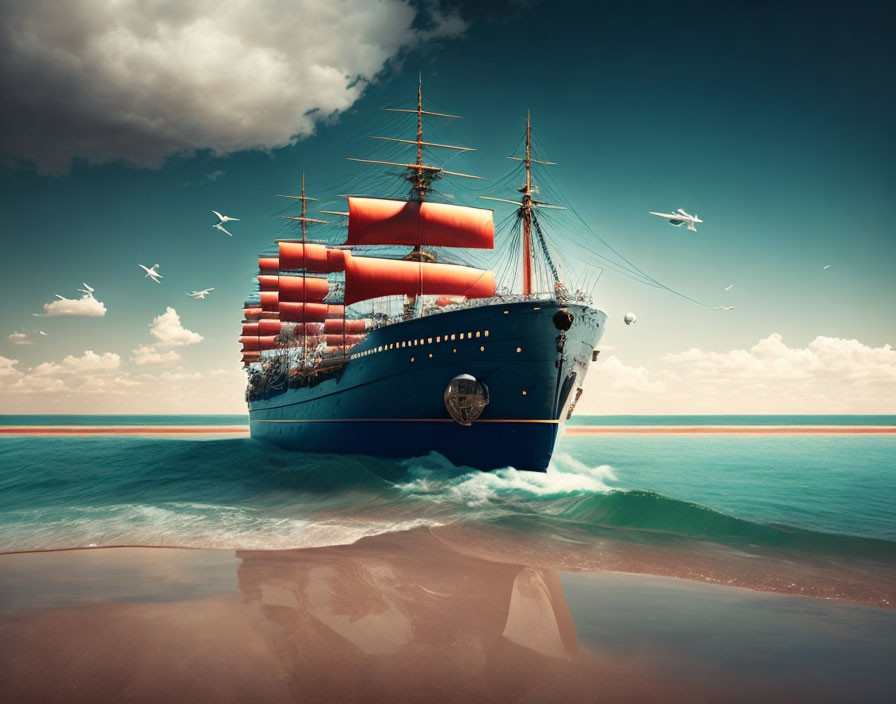 Large ship with sails cruising near shore under blue sky and clouds.