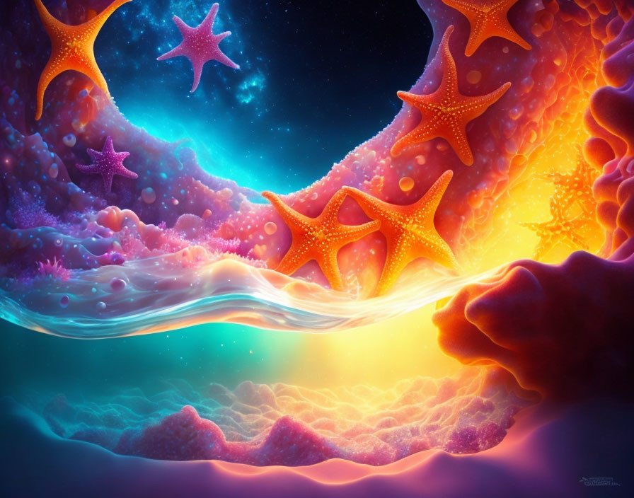 Surreal underwater scene with starfish and glowing waterline