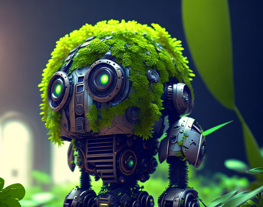 Spherical moss-covered robot with large eye in green environment