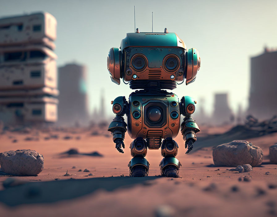 Anthropomorphic robot with expressive eyes in deserted landscape