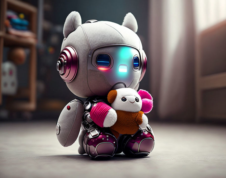 Adorable robotic character with blue glowing eyes and stuffed bear on wooden floor