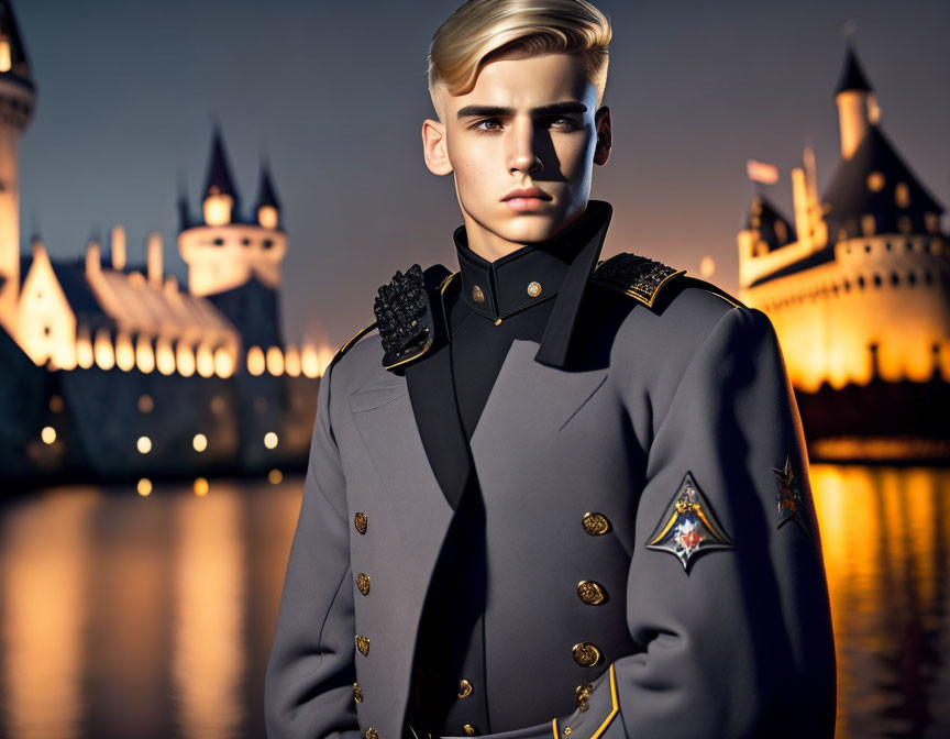 Young man in military uniform with blond hair in front of twilight castle